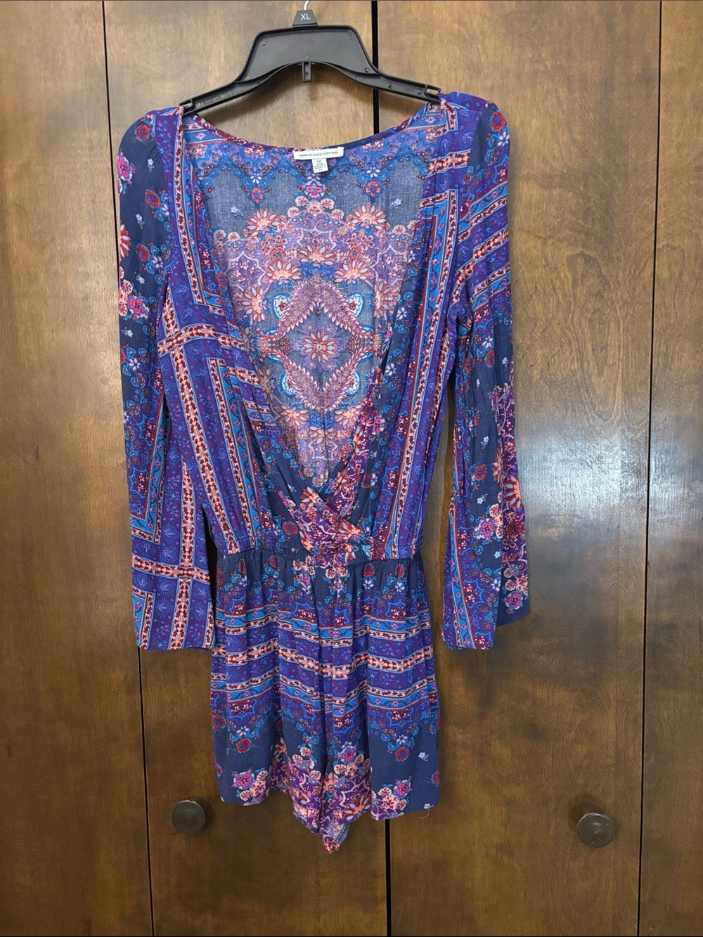 American Eagle Outfitters Navy and Purple Floral-Print Long Sleeve Wrap Romper